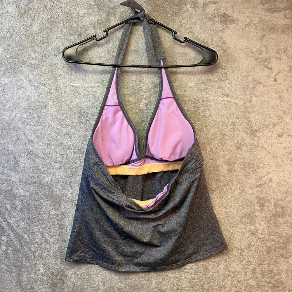 Athleta Heather Gray Halter Tankini Swim Top Lavender Lining Size L